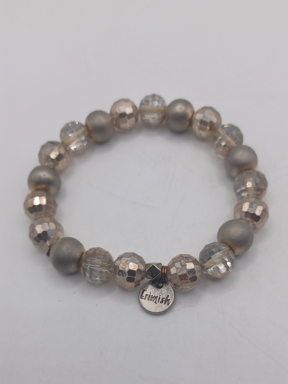 Erimish Taupe and Clear Faceted Bead Stretch Bracelet Sz 6.5